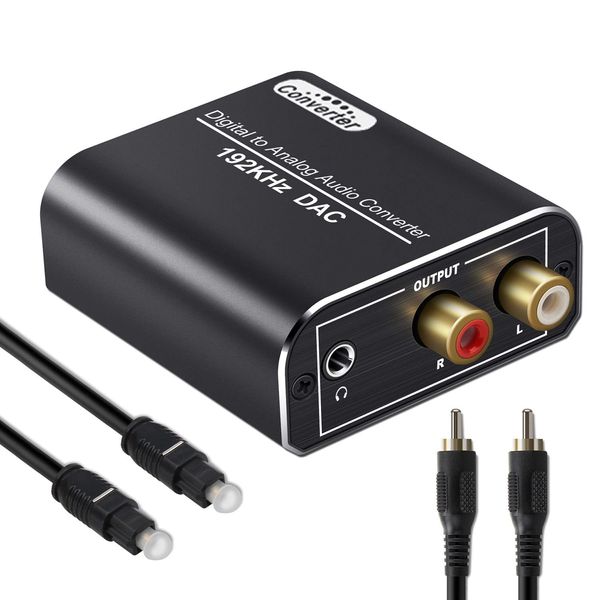 DAC Digital (Optical & Coaxial) to Analog (RCA), High Performance, 192 kHz, Optical Digital, Analog Audio Converter, 3.5 mm Mini Jack Output, Aluminum Alloy Exteror, Gold Plated Terminal, DAC Audio Converter, Supports PS4 XBox HD DVD and More Coaxial Cabl