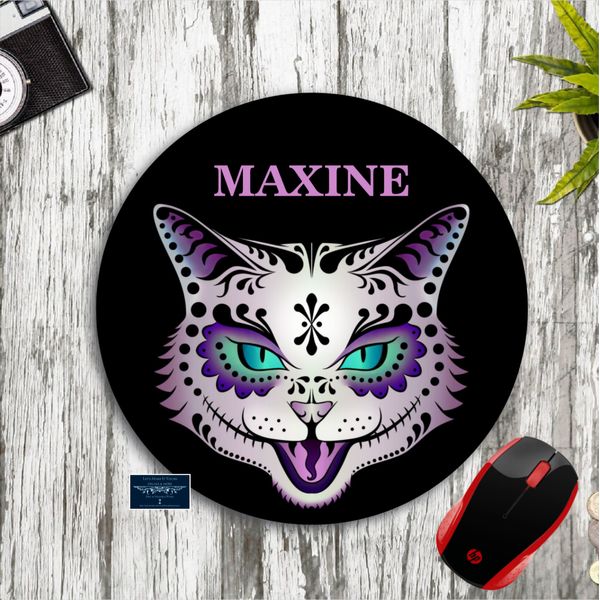 SUGAR SKULL CAT FACE PURPLE BLACK ROUND MOUSE PAD MAT PERSONALIZED NAME GIFT
