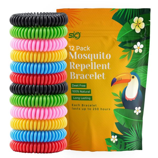 SIC ® 12-Pack Waterproof Mosquito Repellent Bracelets for Travel - Safe Insect Repellent Bands for Toddlers, Kids, and Adults - Deet-Free Outdoor Bug Repeller Wristbands