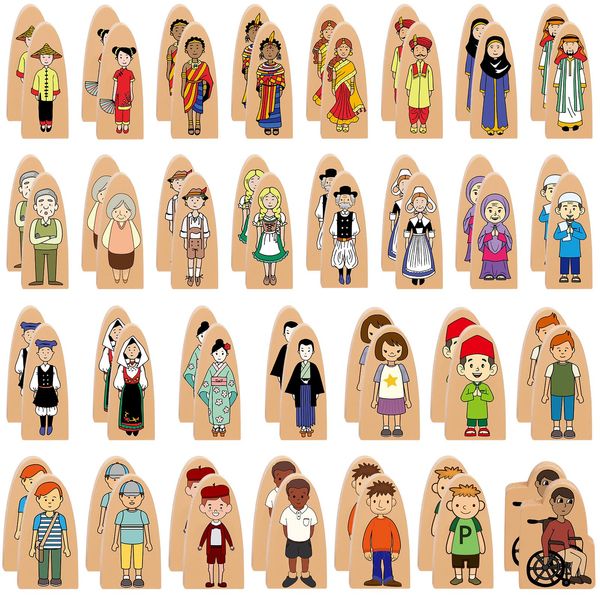 60 Pcs Small Wooden Blocks Multicultural 2 Sets Wooden Character Set Cute People Toys Double Sided Wooden People Figures for Classroom Diversity Creative Educational Learning