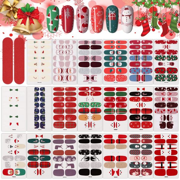 Kalolary 20 Fogli Natale Unghie Adesivi Decalcomanie per Smalto Autoadesivo Nail Art Stickers con 2 Lime , Babbo Natale Pupazzo di Neve Manicure le Punte Decorazioni