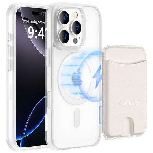 TopMade Mag-Safe Case for iPhone 16 Pro with Magnetic Wallet Card Holder, Mag-Safe Phone Case with Magnetic Wallet Fit 4 Cards, Shockproof Slim Case for iPhone 16 Pro 6.3 inch, White