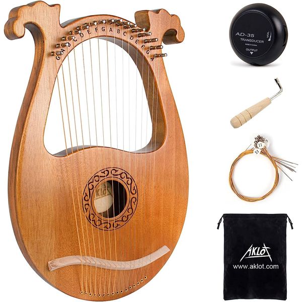 AKLOT Lyre Harp 16 Metal Strings Knochensattel Okoume Lye Harfen mit Stimmschlüssel Pick Up und Black Gig Bag