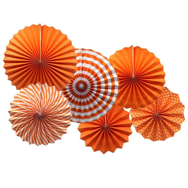 Party Hanging Paper Fans Set, Orange Round Pattern Paper Garlands Decoration for Birthday Wedding Graduation Events Accessories, Set of 6