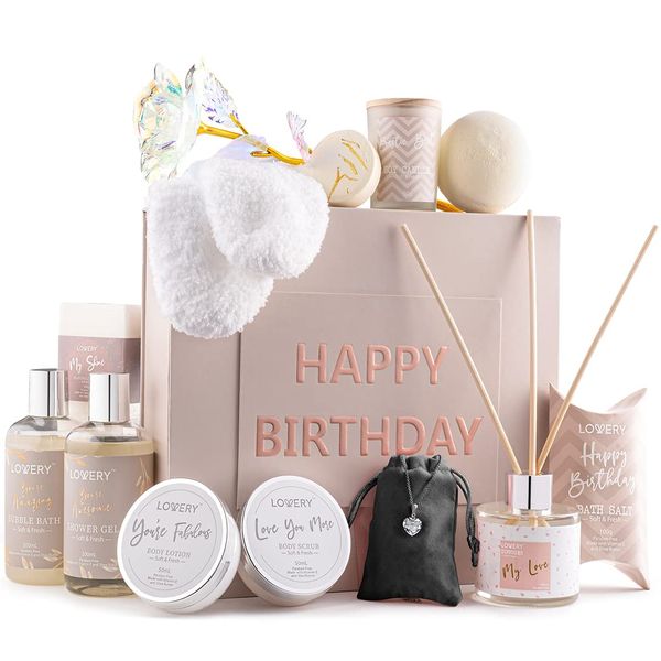 Birthday Gift Basket - Bath and Spa Gift Set for Women - Luxury Birthday Spa Gift Box with Vit E- Rich Bath Essentials, Diffuser, Candle, Sterling Silver CZ Heart Necklace, 24k Flower Rose Gift & More