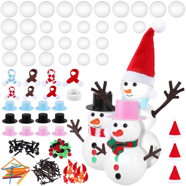 Fovths Christmas Snowman DIY Craft Kit Include 30 Snowman Model Foam Balls with 12 Set Snowman Making Accessories for Kids Christmas DIY Crafting Sewing Winter Holiday Party Supplies