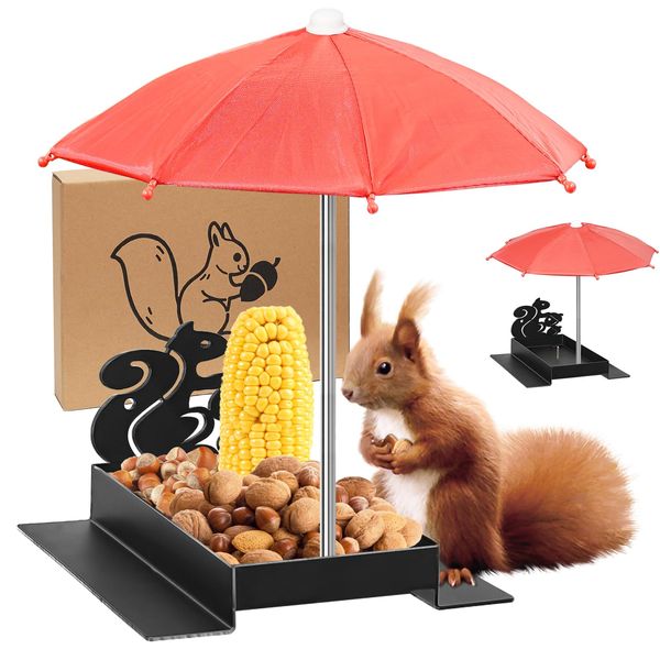 Giyiprpi Squirrel Feeder, Metal Squirrel Feeder for Outdoor Use with Umbrella and Corn Stand, Outdoor Hanging Squirrel Chipmunk Feeding Station (Black)