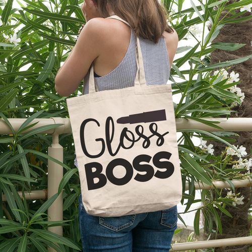 12oz Canvas Tote Bag - Gloss Boss, Title for Girls Who Love Lip Gloss - Beauty Themed Merch for Makeup Artist or Cosmetologist, Gift for Makeup Lovers & Beauticians