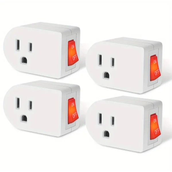4pk 1 Port Wall Outlet 3Prong AC Power Adapter Plug With On/off Switch 