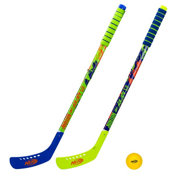 Franklin Sports NERF Proshot Kids Hockey Sticks+Ball Set-2 Player Youth Indoor+Outdoor NERF Hockey Set-2 in 1 Knee+Floor Hockey Sticks-(2)NERF Proshot Youth Hockey Sticks+(1)Foam Hockey Ball Included