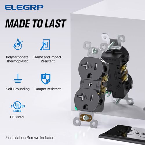 ELEGRP Tamper-Resistant Duplex Receptacle, 20A 125V Standard Electrical Duplex Wall Outlet, 2 Pole 3 Wire, 5-20R, Self-Grounding, Residential Grade Straight Blade, UL (Glossy Black, 10 Pack)