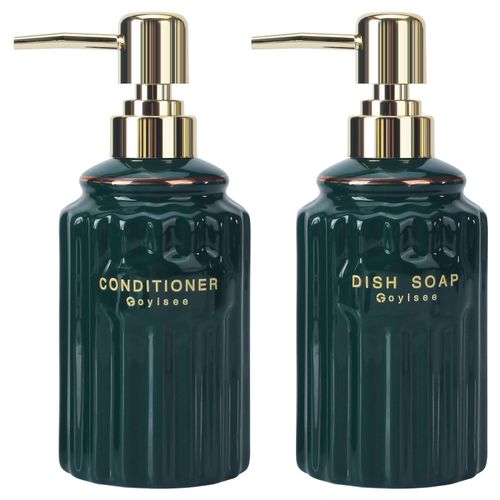 GOYISEE Ceramic Soap Dispenser Pump 14OZ for Bathroom & Kitchen | Hand & Body Soap Refill Bottle with Gold Pump & Labels | Liquid Soap Dispenser for Bathroom Countertop | 2-Pack - (Green)