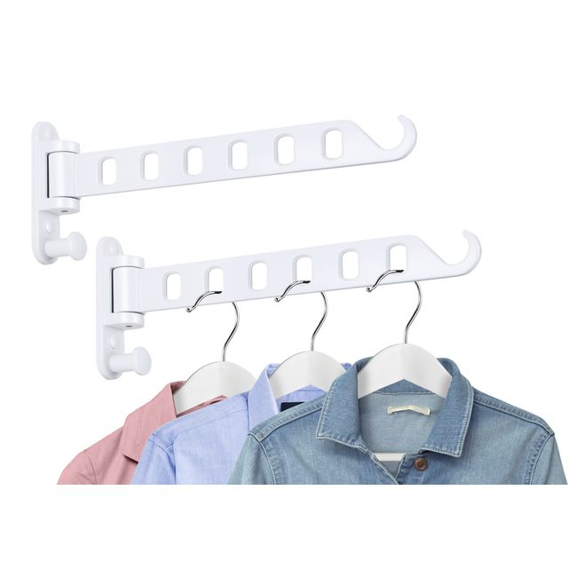 SKIKEN Wall Mounted Clothes Hanger with Swing Arm, Wall Mounted Swing Away Drying Rack, 180°Rotation, Safe Laundry Hanger, Space Saver, Sturdy Hanging (2-Pack, White)