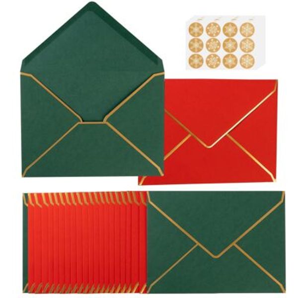 100 Pack Christmas A7 Envelopes 5x7 Envelopes Green Red Envelopes with Gold B...