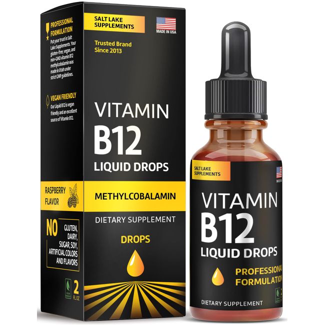 Vitamin B12 Liquid Drops - Vegan B12 Liquid Methylcobalamin Fast-Acting Complex - Sublingual B Complex Liquid w/ Vitamin B2, B3, B6, & B12 - Non-GMO, No Dairy, Soy & Sugar, Raspberry Flavor, 2 fl. oz.