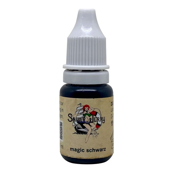 REACH-konforme Sailor Jerry Tattoofarbe Magic Black (Magic Schwarz) 10 ml. Deutsche Tattoofarbe. Made in GERMANY und mit Zertifikat, Tätowierfarbe, Tattoo Ink, Vertrieb durch HAN-SEN GmbH