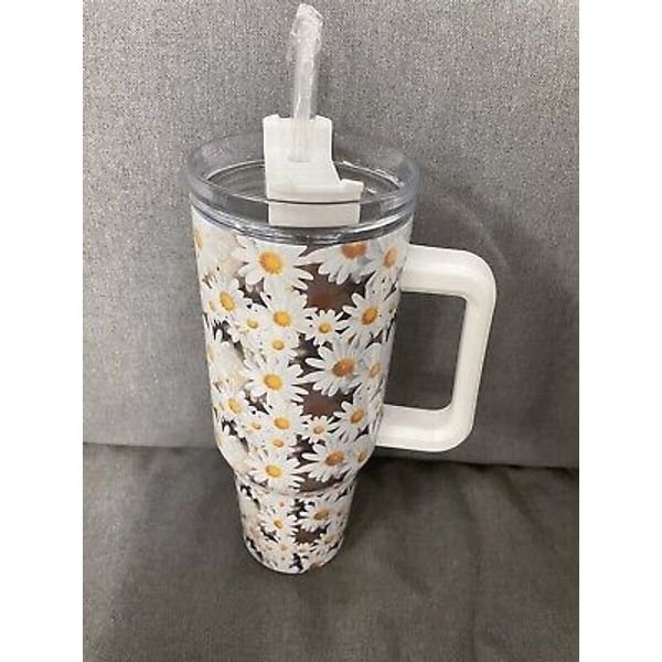 40oz Daisy Floral Tumbler Cup w/Handle & Straw -Insulated Travel Mug