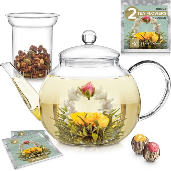 Teabloom Stovetop & Microwave Safe Glass Teapot with Removable Tea Infuser for Loose Tea – Includes 2 Blooming Teas – 1.2 L Tea Kettle and Tea Maker