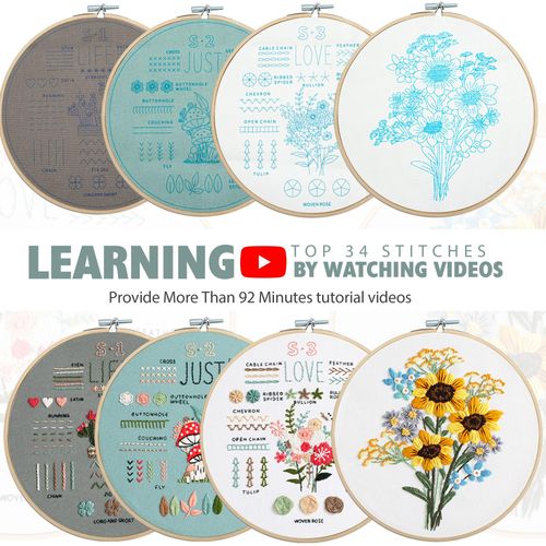 4 Pack Embroidery Kit for Beginners Adults, 34 Stitch Techniques with Floral Patterns, Complete DIY Kit with Stamped Patterns, Hoop, Colorful Threads, Tools, Step by Step Instructions & Video Tutorial