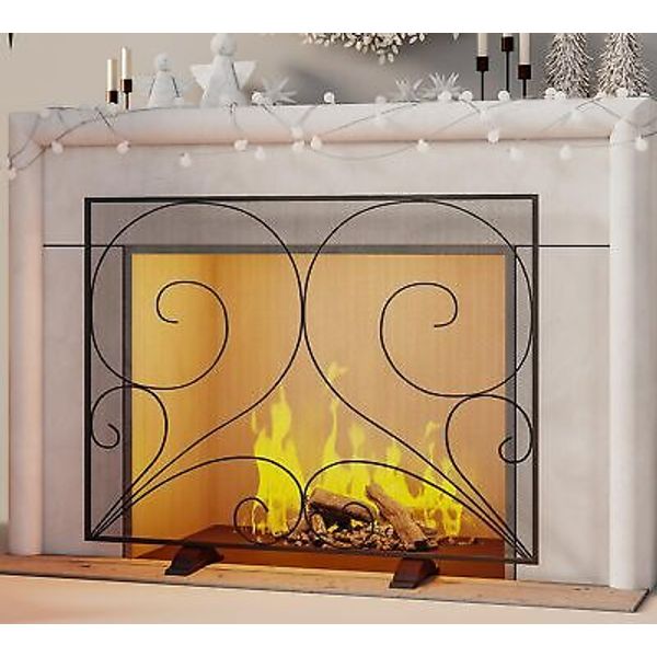 Single Panel Fireplace Screen Handcrafted Solid Wrought Iron Mesh, Heat-Resis...