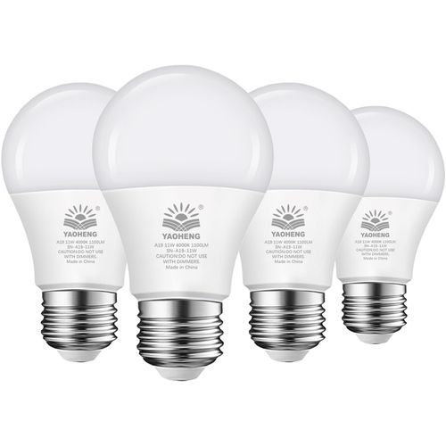YAOHENG A19 LED Light Bulb 75 Watt Equivalent, 11 Watt Light Bulbs, 4000K Neutral White, 1100 Lumens, Non-Dimmable, E26 Base Lightbulbs, Standard LED Bulbs for Home, ETL Listed(4-Pack)