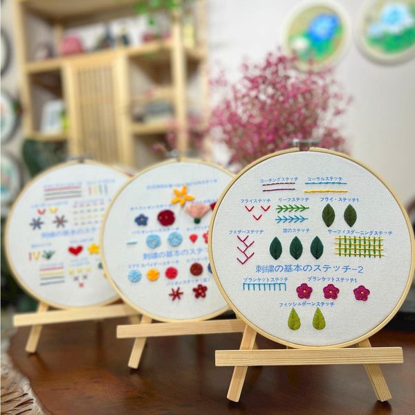 3 Set Embroidery Kit, Beginner, Set of 30 Types, Basic Sewing Beginner Set, Japanese Stitching Instruction Manual Included, Wooden Base, Embroidery, Home Economics, Handmade, Beginner Learning,