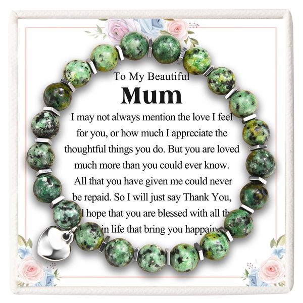 KORAS Gifts for Mum, Heart Charm Green Bead Bracelet Mum Gifts from Daughter Son, Best Mum Birthday Gifts Mothers Day Gifts Christmas Presents