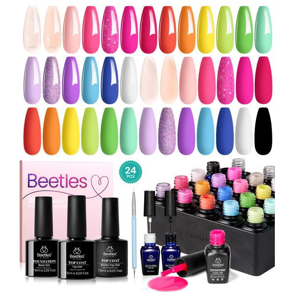 Beetles 24Pcs Gel Nail Polish Set with Base Gel Top Coat White Black Liner Gel Nail Art Brush, 2024 Summer Gel Polish Kit Neon Bright Blue Pink Purple Green Jelly Gel Polish Soak Off Uv Gel Nail Kit