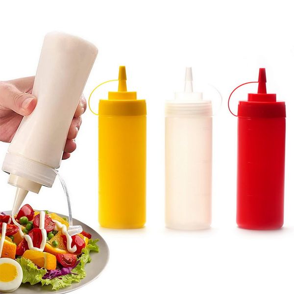 BERRYLION 3 Pcs 12oz Plastic Squeeze Sauce Bottles with Nozzle Caps, Reusable Squeeze Condiment Bottles Dispensers Suitable for Mustard Olive Oil Jam Ketchup Salad Dressing(300ML)