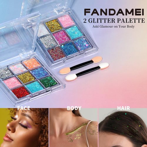 FANDAMEI Face Glitter, 2 PCS Face Glitter Gel 18 Grids, Body Hair Glitter for Kids Women for Makeup, Halloween Rave Concert Face Paint Glitter