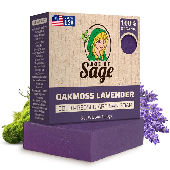 Age of Sage All Natural Bar Soap for Men & Women - Cold Processed Vegan Soap w/Glycerin for Skin Care, Thanksgiving or Birthday Gifts for Men & Women, Oakmoss Lavender, Single Bar