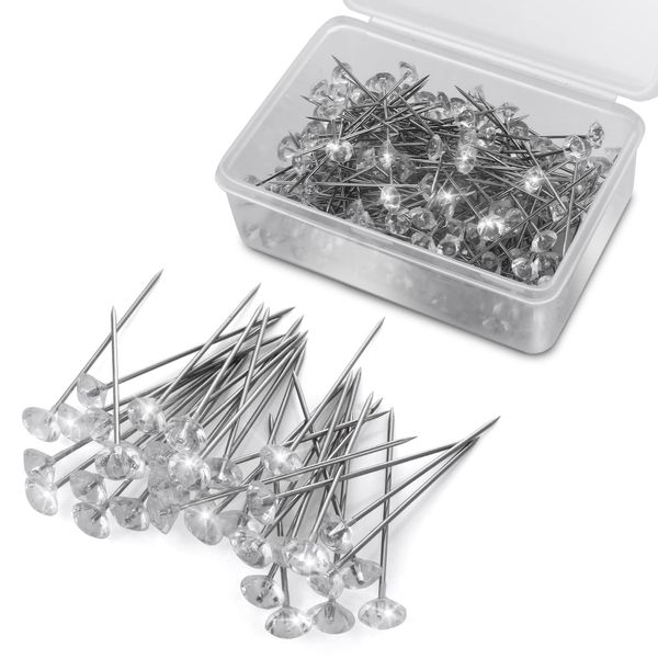 ASTER 200 Pieces Crystal Diamond Head Pins 1.5 Inch Diamond Head Straight pins for Flower,Stainless Steel Bouquet Pins Corsages Flower Pins for Craft Wedding Jewelry Flower Decoration