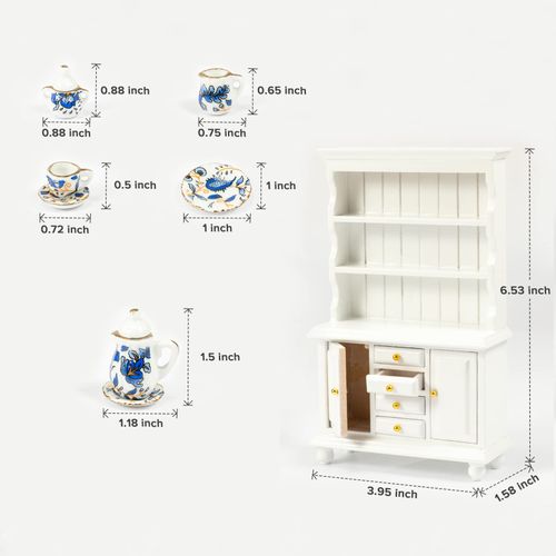 SAMCAMI Miniature Dollhouse Furniture Kitchen Set - Kitchen Cabinet Cupboards and Tea Set – 1 12 Scale Dollhouse Accessories