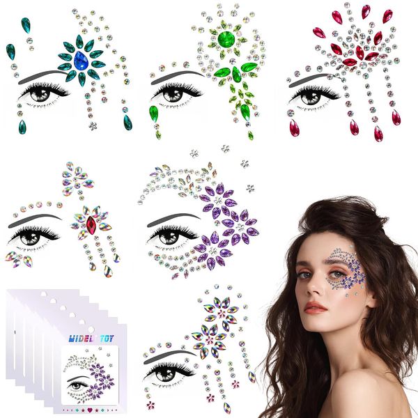 Face Gems Glitter, 6 Sheets Festival Face Stickers Self-Adhesive Face Crystal Rhinestone Stickers Temporary Tattoos for Face Eyes Body