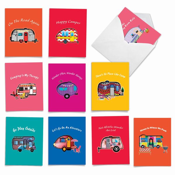 The Best Card Company - 10 Blank Note Cards Boxed (4 x 5.12 Inch) - All Occasion Notecards, Vehicles and Cars - Happy Campers AM6413OCB-B1x10