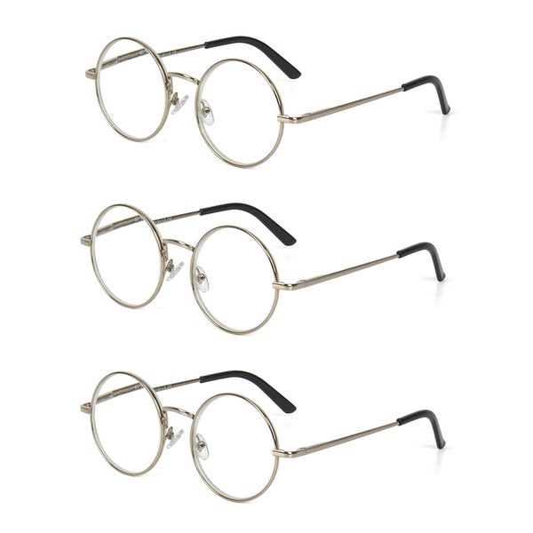 EYE ZOOM 3 Pack Metal Frame Round Reading Glasses with Spring Hinge (Silver, 1.75 Strength)