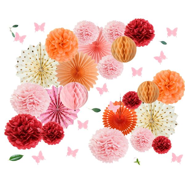 SUNBEAUTY Mothers Day Decorations Pink Paper Fans Party Decorations Hanging Paper Pom Poms Flower Fan Honeycomb Balls for Birthday Valentines Wedding Outdoor Decorations