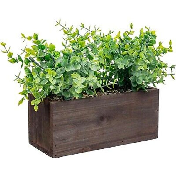 Artificial Plant Leafy Green Foliage in Brown Wood Planter Pot, Plant Container