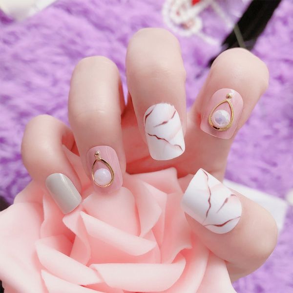 Fashion Nails Short Nail Tips Multiple Styles 24 Pack for Weddings, Parties, After-parties, Nail Art, Handmade Nails with Double Sided Adhesive Tape (Marble Pattern)