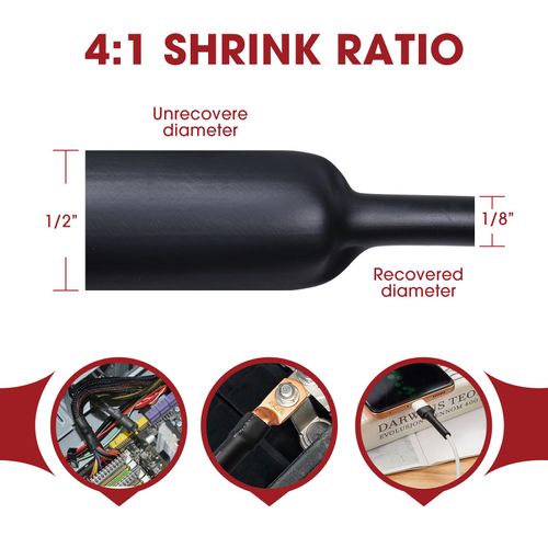 BuyUneed Heat Shrink Tubing 4:1 Dual Wall Adhesive Liner Wires Cable Wraps Connection Protection (Black, 1/2"-18ft)