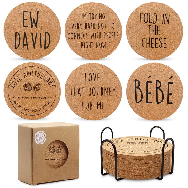 Cork Coasters for Drinks Coasters Set of 6 with Holder - Funny Coasters for Adults Cup Coasters for Coffee Table Home Bar Wedding Absorbent Coasters Mat - Cups Cool Decor Unique Coaster Gift