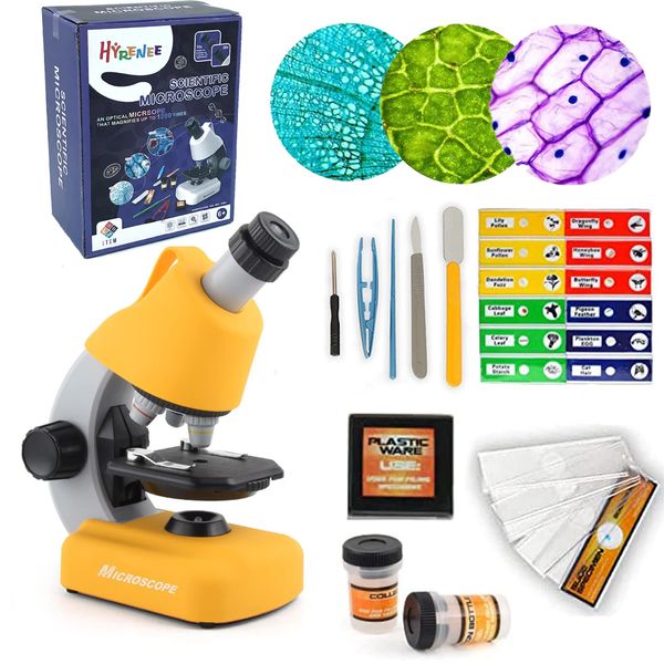 STEM Microscope for Kids - Up to 40-1200x Zoom Blank and Prepared Slides Built-in LED Light and Configured Various Operating Tools Science Microscope Kit for Kids Yellow