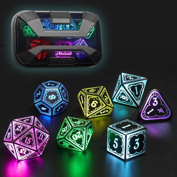 FONVGOGO Wireless Light Up Dice Set D&D RGB for Dungeons and Dragons,Cool LED DND Dice with Charging Box Rechargeable 7 Color Polyhedral Role Playing Dice for DND Gifts RPG(Astral Shard Black)