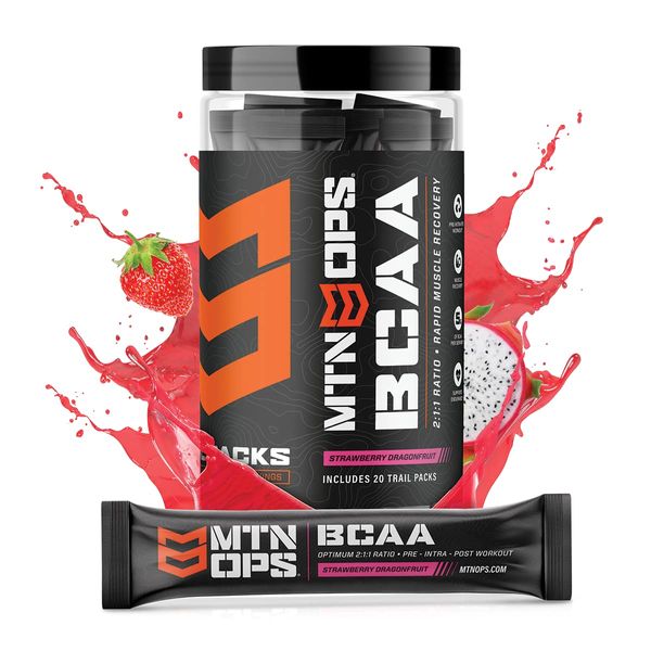 MTN OPS BCAA 2:1:1 Amino Acids Supplement Powder for Rapid Muscle Recovery & Repair with Zero Sugar & Gluten Free (20 Count, Strawberry Dragonfruit)