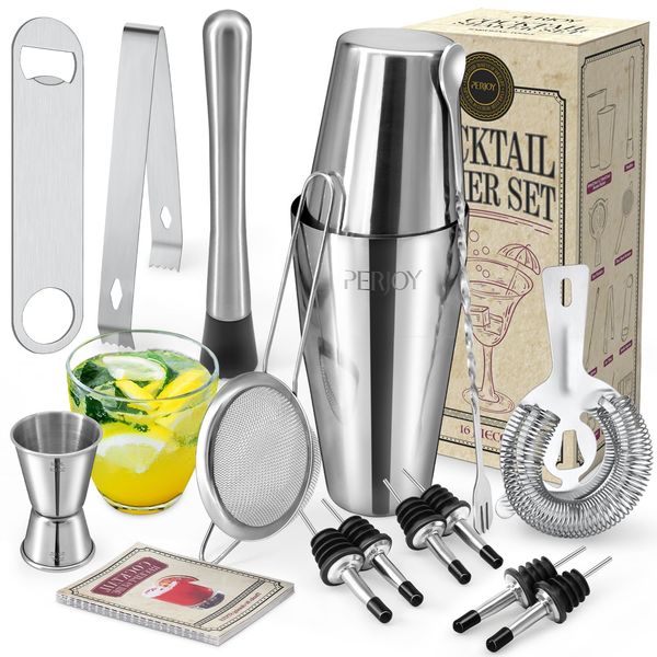 16pcs Cocktail Shaker, Coktailmixset, Cocktail Set Mit Einem Doppelten Jigger, Einer Eiszange, Cocktailshaker, Cocktail Mixen Mit Muddler, Flaschenöffner, Boston Shaker