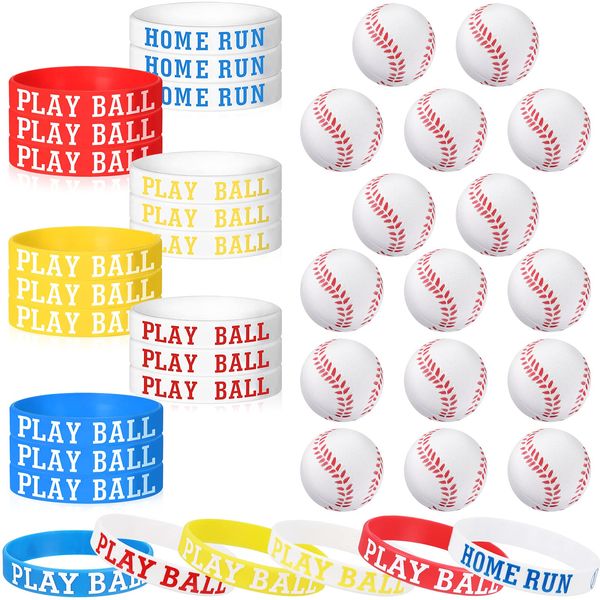 34 Pieces Baseball Party Favors Includes 18 Pieces Baseball Silicone Rubber Bracelets and 16 Pieces Mini Foam Baseballs for Baseball Birthday Party Supplies School Carnival Reward Goodie Bag Fillers