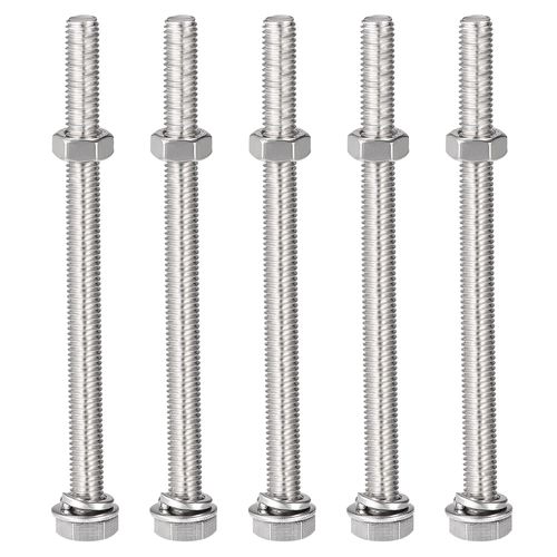 sourcing map M8 x 110mm Hex Head Screws Bolts, Nuts, Flat & Lock Washers Kits, 304 Stainless Steel Fully Thread Hexagon Bolts 5 Sets