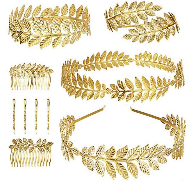 Finrezio 10Pcs Greek Goddess Laurel Leaf Bracelet Golden Crown Headband Hair Comb Hairpin Bridal Jewelry Set Armband Arm Cuff Wedding Headpiece Hair Accessories Gold