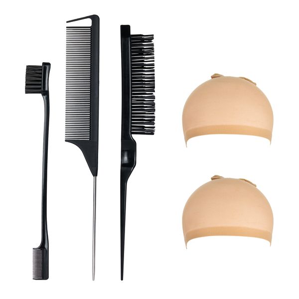 Sleek Bun Tent Brush Set, Black, Bristle Hair Brush, Handle Comb, Rat Tail Hair Comb, Double Edge Brush Combs, Care Edges with 2 Wigs, Hair Nets for Hairdressers, Women, Babies, Children