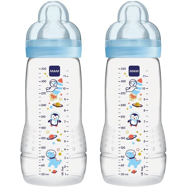 MAM Easy Active Baby Bottle with Fast Flow MAM Teats Size 3, Twin Pack of Baby Bottles, Baby Feeding, 330 ml, Blue (Designs May Vary)